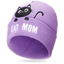 Geyoga 2 Pcs Christmas Cat Beanie for Women Cat Lover Gifts Cat Mom Beanie Hats Winter Knitted Dad Hat for Women Men