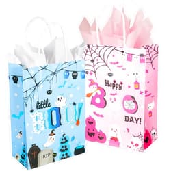 SPERPAND 16pcs Halloween Paper Gift Bags with Tissues, Small Halloween Treat Bags with Handles, Little Boo Goodie Bags for Kids Halloween Party Decorations Favors (2 Colors)