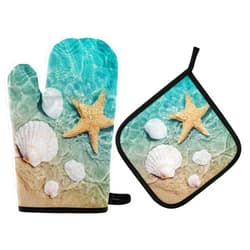 QUGRL Starfish Seashell Summer Oven Mitts and Pot Holders Sets Beach Sea Water Hot Pads Heat Resistant Cooking Gloves Handling Kitchen Cookware Bakeware BBQ