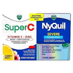 Vicks NyQuil and Super C Convenience Pack: NyQuil Severe Medicine for Max Strength Cold and Flu Relief, Conveniently Packaged with Vicks Super C Rest and Replenish Daily Supplement, 26ct