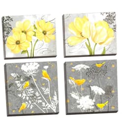 gango Home Decor Beautiful Grey & Yellow Poster Set; Birds and Flowers; Two 12x12in and Two 14x11in Hand-Stretched Canvases
