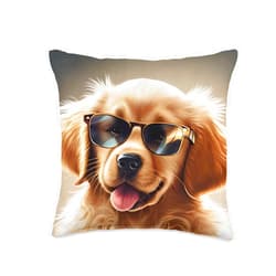 Funny and Cute Dog Lover Unique Digital Art Cute Adorable Golden Retriever Puppy Sunglasses Digital Art Throw Pillow, 16x16, Multicolor