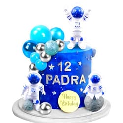 DRWATE 24 PCS Space Cake Toppers Outer Space Astronaut Figurines Cake Decorations for Space Theme Baby Shower Birthday Party Supplies (Silver Blue)