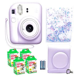 Fujifilm Instax Mini 12 Instant Camera Lilac Purple + Fuji Film Value Pack (40 Sheets) + Shutter Accessories Bundle, Incl. Compatible Carrying Case, Quicksand Beads Photo Album 64 Pockets