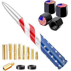 HVSTTPK American Flag Car Truck Bullet Antenna with Valve Stem Caps, Universal Antenna Mast for GM Chevy Silverado 1500 2500 3500 HD Avalanche Ford F150 F250 F350 Heavy Duty Pickup Jeep Accessories (Silver)