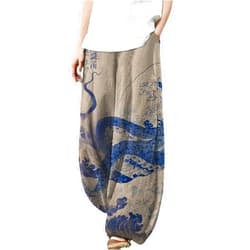 DMOYALA Womens Baggy Linen Pants Barrel Wide Leg Casual Loose Flowy Hippie Lantern Trousers with Elastic Waist for Summer
