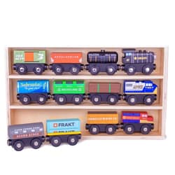 Conductor Carl Playtime Express Train Set | 12-Piece Wooden Train Box | Includes Unique Custom Designs and Classics: Recycling Transport, Timber Train, Wheat Car, Coal Train, Oil Tanker, and More