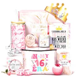 Jumway Birthday Gift Box for 16 Girls - Luxury Pink Teen Milestone Kit with 'Sweet 16' Cup, Rose Gold Mirror, Spa Set - Perfect 16th Birthday Present for Daughter, Sister, Friends