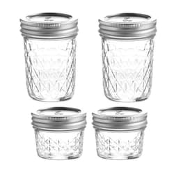 MEM WORLDSHOP Quilted Crystal Jelly Regular Mouth Mason Jars - (4 Pack) - 2 - Ball 8-Ounce and 2 - Ball 4-Ounce Quilted Crystal Jelly Regular Mouth Jars with Lids and Bands + M.E.M Rubber Jar Opener Included