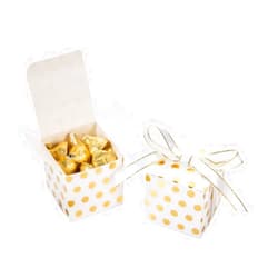 KUPOO 50PCS Favor Boxes,Candy Boxes 2.2x2.2x2.2 Inches Small Gift Boxes with Ribbons for Wedding Baby Shower Decorations Birthday Party Supplies (White with Gold)