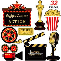 Hicarer 32 Pieces Movie Party Decorations Red Carpet Cutouts Movie Party Cards Table Toppers Movie Theme Decor Double Sided Printing Red Golden Black for Movie Night Party Supplies