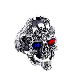 LAIMIUMIU33 Skull rings for men Sapphire Ruby Double Color Eyes 3 Skull Heads Vampire Iced out Ring Devil Demon Gothic Style Hip Hop ring 316 Stainless Steel Biker Rings Iced Out Jewelry Punk Ring Heavy Metal ring