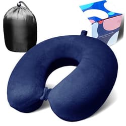Anmokey Neck Pillow for Airplane Travel, 100% Pure Memory Foam Travel Neck Pillow for Sleeping & Travel Essentials for Neck Rest, Dark Blue