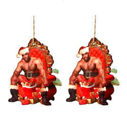 OLOPE Barry Santa Wood Meme 2PC, Handmade Festive Mr. Wood Meme Mr. Christmas Funny Wooden Ornament 2022 Xmas Holiday 2D Ornament for Christmas Tree, Door, Windows Hanging