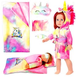 WONDOLL 18-inch Doll Clothes and Doll Sleeping Bag Set with Matching Sleepover Masks & Pillow