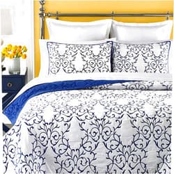 mixinni Reversible King Quilt 3-Piece Blue Embroidery Pattern Elegant Quilt Set with Embroidered Decorative Shams Soft Cotton King Size Bedspread&Coverlet Set-King, Blue