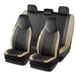 PIC AUTO Leather Car Seat Covers, Sports Carbon Fiber & Mesh Design, High-Back Full Set, Waterproof Automotive Seat Covers, Airbag Compatible, Universal Fit for Cars, SUVs, Trucks (Black & Beige)