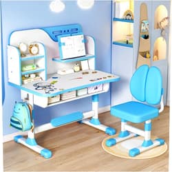 Tulkdexi Kids Desk and Chair Set, Children School Study Table Chair Set, Ergonomic Desk Chair with Large Writing Board, Bookshelf and Drawer Blue, 3888198
