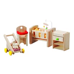 PlanToys Wooden Classic Line of Dollhouse Furniture - Nursery with Baby (7329) / Sustainably Made from Rubberwood and Non-Toxic Paints and Dyes