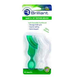 Brilliant Oral Care Baby’s First Toothbrush, Smooth Silicone Bristles Gently Clean Tender Teeth and Gums, for Ages 4+ Months, Green + Clear, 2 Pack