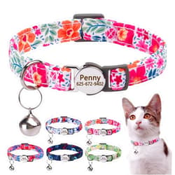 KINYABLUE Personalized Cat Collar Breakaway with Engraved Name and Phone Number, Adjustable Lightweight Flower Pattern Customized Kitten Collar with Bells (8-12