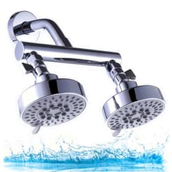 AZOS Dual Shower Head with Shower Head Shut-Off Valve and Shower Arm Set Solid Brass Double Outlet Manifold 2 Fixed Shower Head Combo High Pressure 5 Function Shower Head Combo Kits, Chrome