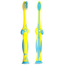Trueocity Safari Kids Toothbrush, 2-Count, Soft Rubber Handle, Ages 2-4, Reusable, Yellow & Blue, Travel Case Included