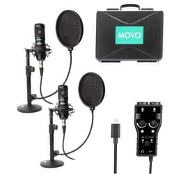 Movo Smartphone Podcast Recording Bundle Kit - 2 Pack Condenser Microphones, 2 Desktop Mic Stands, 2 Pop Filters, 2-Channel XLR Interface w/USB Type-C Output - Compatible with Android, Samsung Galaxy