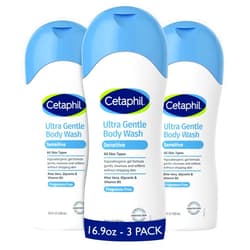 Cetaphil Ultra Gentle Body Wash, For Dry to Normal, Sensitive Skin, 16.9oz Pack of 3, Aloe Vera, Vitamin B5, Hypoallergenic, Paraben Free, Fragrance Free, Dermatologist Tested
