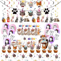 Juhap 96Pcs Cat Birthday Party Supplies, Kitten Birthday Decorations Includes Plates, Napkins, Table Covers, Cake Toppers, Balloons, Cat Banners, Swirls for Meow Kitty Theme Birthday Party Supplies