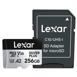 Lexar 256GB Professional Silver Plus microSDXC Memory Card w/SD Adapter, UHS-I, C10, U3, V30, Full-HD & 4K Video, Up to 205/150 MB/s Read/Write, for Videographers, Gamers (LMSSIPL256G-BNANU)