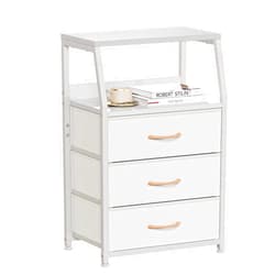 Furnulem White Nightstand with 3 Drawers and 2-Tier Shelf, Small Night Stand End Table Side Furniture, Fabric Storage Organizer for Bedroom, Closet, Hallway, Nursery, Sturdy Steel Frame, Wood Top