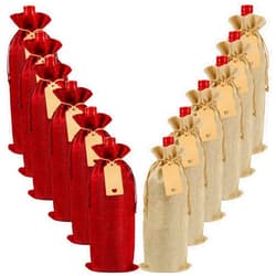 Shintop 12Pcs Burlap Wine Bags, Christmas Wine Gift Bags Reusable Wine Bottle Bags with Drawstring for Christmas, Wedding, Blind Tastings, Birthday (Brown+ Red)