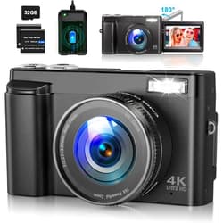FlyFrost 4K Digital Camera for Photography Autofocus 48MP Vlogging Camera for YouTube with SD Card 16X Digital Zoom Compact Camera, 3 Inch 180°Flip Screen, Flash, Anti-Shake, 2 Batteries