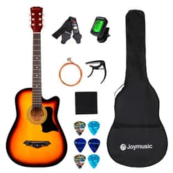 Joymusic 38 inch sunburst beginner acoustic guitar kit,bundle with a strap with picks holder,digital tuner, set strings, capo,cleaning cloth,6 picks,gig bag.(JG-38C,3TS)