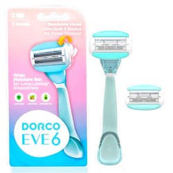 Dorco EVE6 Razors for Extra Smooth Shaving | 1 Razor Handle & 2 Blade Refills | 6 Curved Blades with Flexible Aloe Vera Moisture Bar | Interchangeable Cartridges for Sensitive Skin