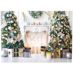 CHAIYA 7x5ft Christmas Themed Photo Backdrop White Fireplace Background Photography Xmas Trees Gifts Wood Floor Backdrop Holiday Celebration Party Decorations CY-255