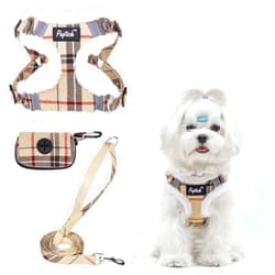 PUPTECK No Pull Dog Harness and Leash Set Reflective No Choke Step in Puppy Halter for XS Small and Medium Sized Dogs, Beige Plaid, Plush, M