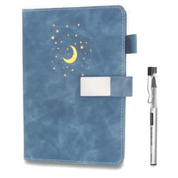 LOPWO Lined Journal Notebook with Pen for Men & Women - 192 Numbered Pages 100gsm Thick Paper Vegan Leather Hardcover Writing journals - A5 Ruled Personal Diary for Work School - Moon and Stars (Blue)