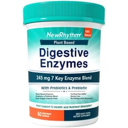 NewRhythm Digestive Enzymes 245 mg, with Probiotics and Prebiotics, Plant Based, 7 Key Enzymes, Digestion, Nutrient Absorption, Protease Amylase & Lipase, 60 Vegan Capsules