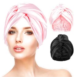 Yolev 2 Pcs Satin Silk Bonnet for Sleeping Women Adjustable Hair Bonnet With Tie Band Double Layer Hair Head Wrap for Sleep Silk Sleep Cap Turban for Women Men Braid Straight Curly Hair (Black Pink)