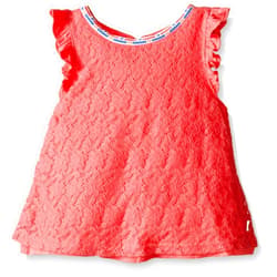 Rosie Pope Little Girls Lace Overlay Top with Embroidered Neckline, Sunkist Coral, 12 Months