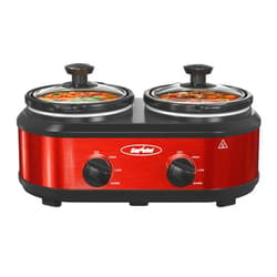 Sunvivi Double Slow Cooker,2 Pot Small Mini Crock Buffet Servers and Warmer,Dual Pot Oval Manual Slow Cooker with Adjustable Temp Removable Ceramic Pot,Stainless Steel, Total 2.5 Quarts Red