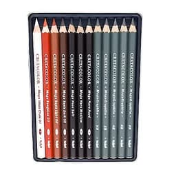 Cretacolor X Mega Drawing 12-Piece Tin Box Set Sketching Pencils, White Chalk Oil, Sanguine Oil, Sepia Light, Sepia Dark, Nero, Graphite