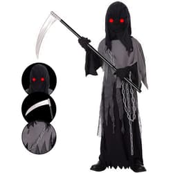 Lomesion Grim Reaper Costume for Kids,Phantom Halloween Costume with Red Glowing Eyes, Gloves Scythe included(Black)