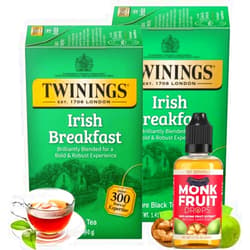 Transparency Foods Twinings Irish Breakfast Tea Bags Individually Wrapped (20 count each, Pack of 2) + Monk Fruit Drops by Transparency Foods (167 Servings, 50ml Bottle)