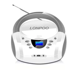 LONPOO CD Players Portable Boombox with FM Radio/USB/Bluetooth/AUX Input and Earphone Jack Output, Stereo Sound Speaker & Audio Player,White