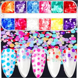 Kistreao 12 Colors Round Nail Glitter Sequins Circle Nail Art Supplies 3D Holographic Flake Metallic Round Shaped Nail Design for Women DIY Nails Decorations