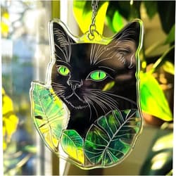 Fastpeace Black Cat in Plant Pot Acrylic Stained Glass Window Hanging Suncatcher, Unique Gifts for Black Cat Lover, Fantasy Decor