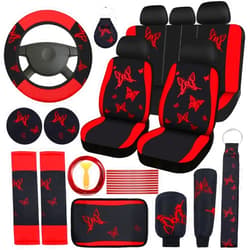 BBTO 43 Pcs Butterfly Car Seat Full Set Butterfly Car Accessories for Women 5 Front Rear Seat Covers Wrist Strap 2 Pieces Cup Mat Armrest Pad 2 Seat Belt Cover Accessories for SUV Car (Red, Black)